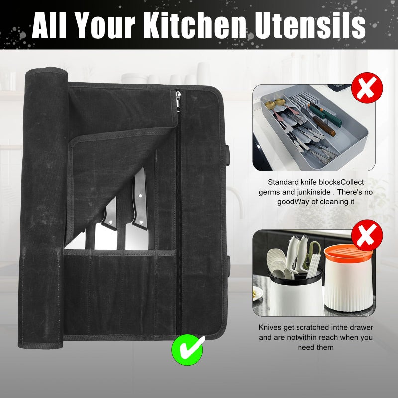 QEES Chef Knife Roll Bag,Waxed Canvas Knife Travel Case,Heavy Duty Professional Knife Carrier Storage Holder with 10 Slots,Portable Kitchen Culinary Tool Organizer for Men,Fits up to 18.8â€Knives.Black - Image 4